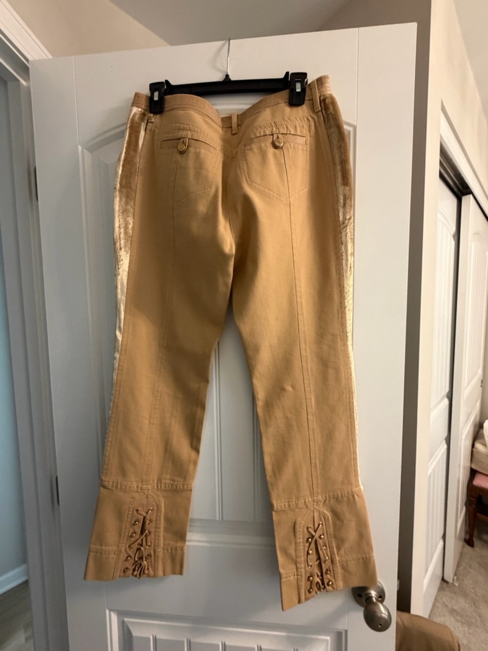 Roberto Cavalli Tan Cropped Pants with Metallic Gold Side Panels